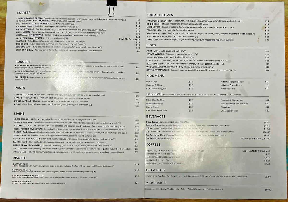 Menu, Luminous Restaurant & Bar