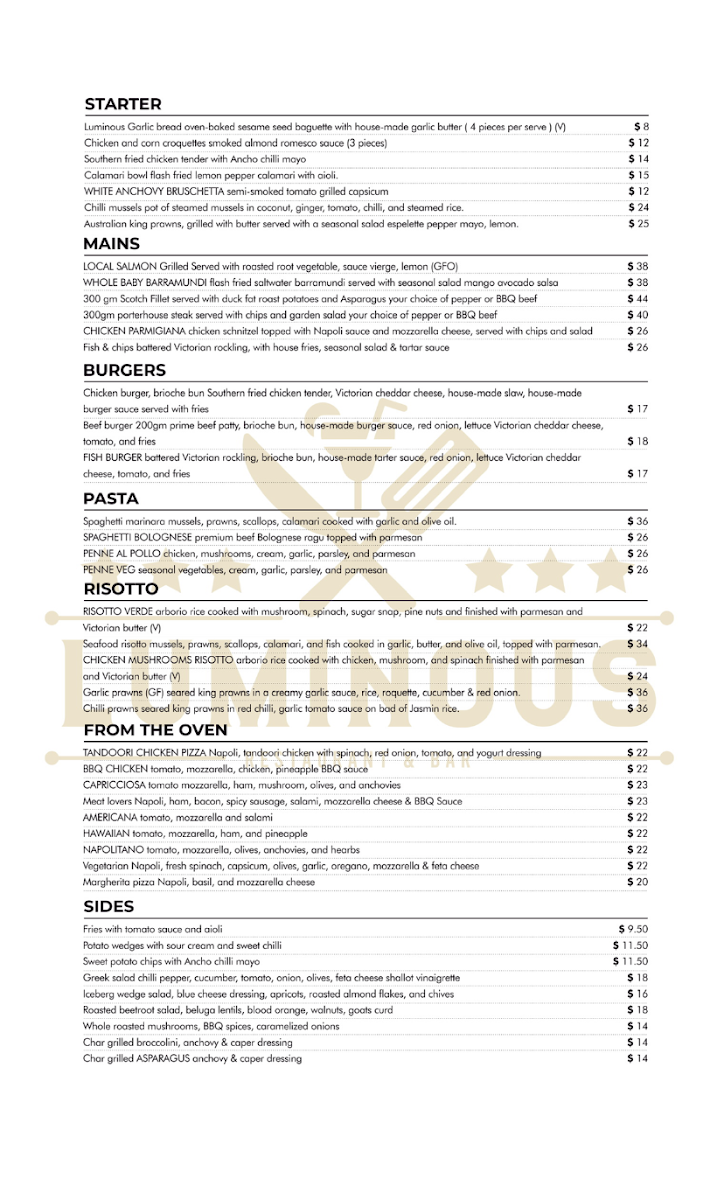 Menu, Luminous Restaurant & Bar