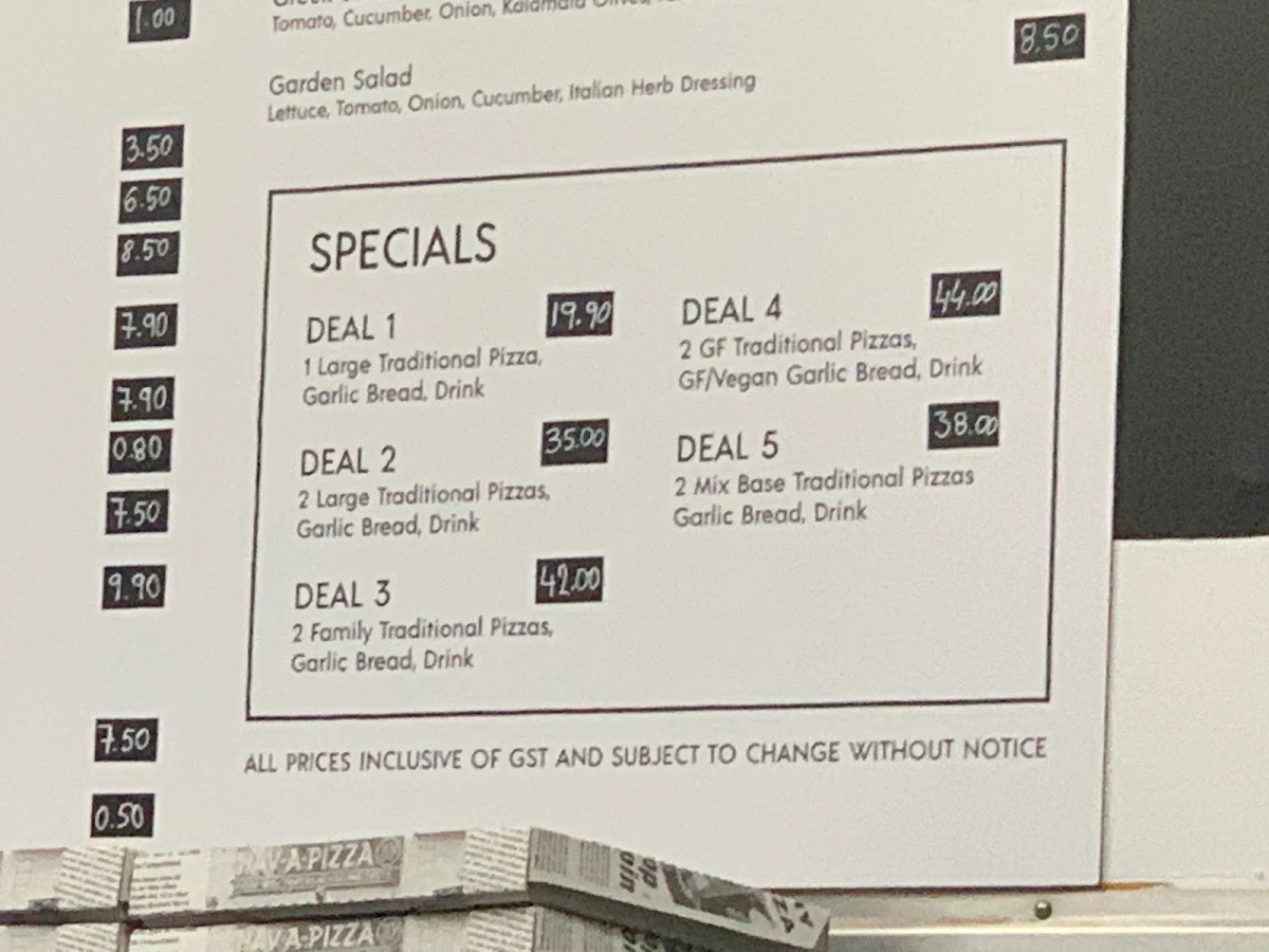 Menu, Pizza on Belmore