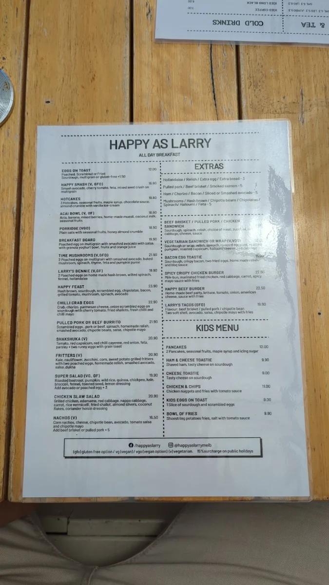 Menu, Happy As Larry Cafe