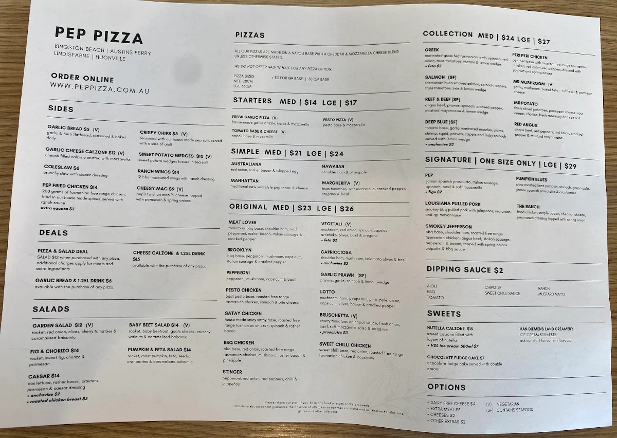 Menu, PEP PIZZA KINGSTON BEACH
