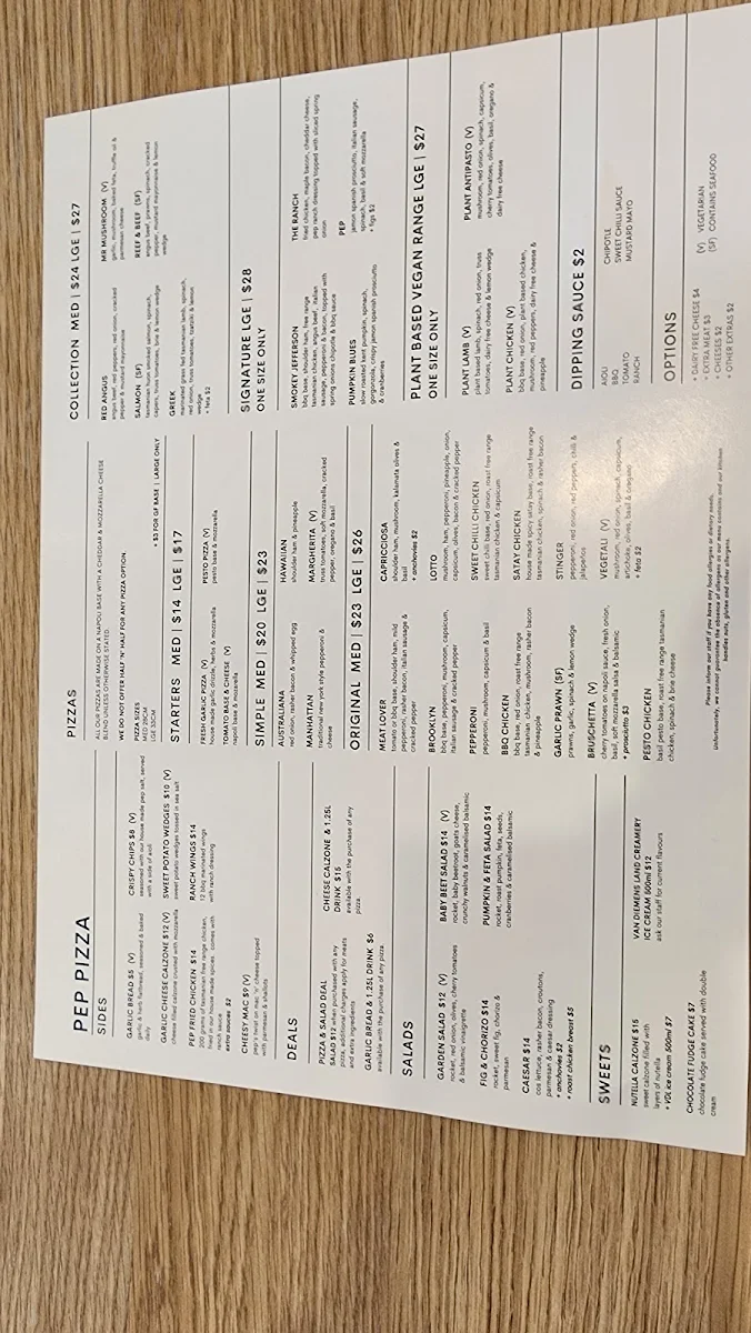 Menu, PEP PIZZA KINGSTON BEACH