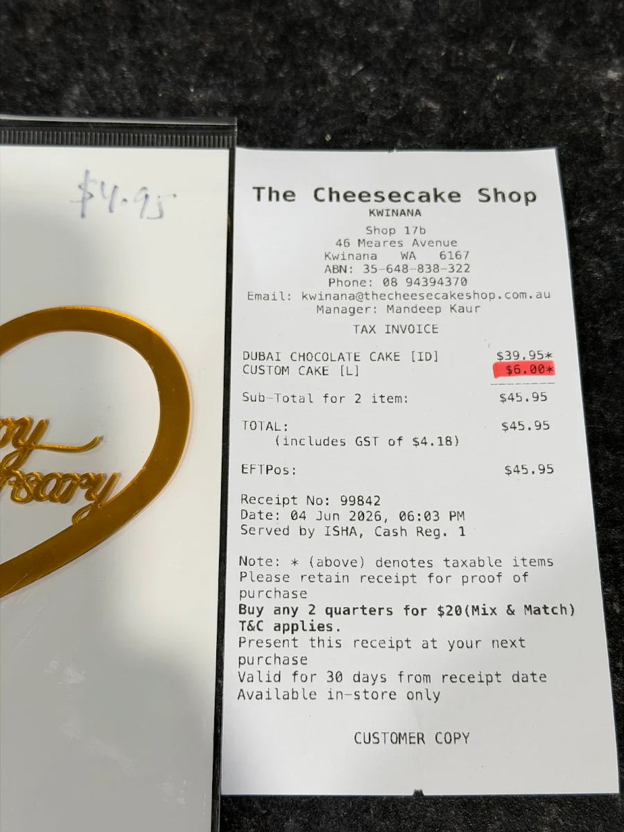 Menu, The Cheesecake Shop Kwinana