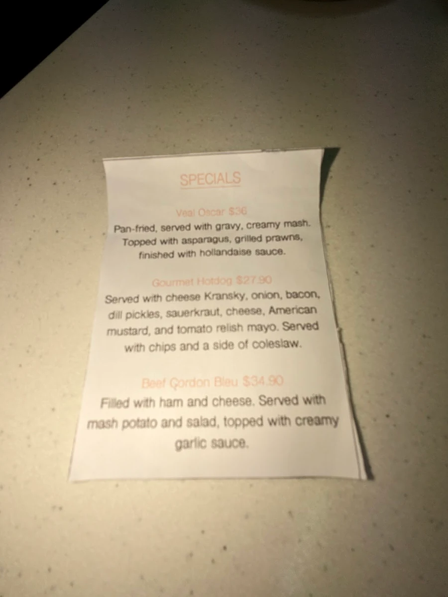 Menu, Robin Hood Hotel Strathalbyn