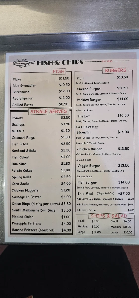 Menu, Williamstown Mussels