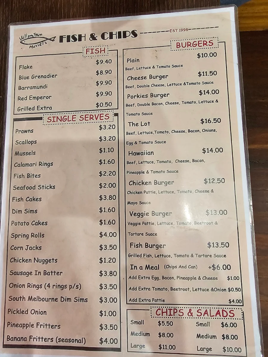 Menu, Williamstown Mussels