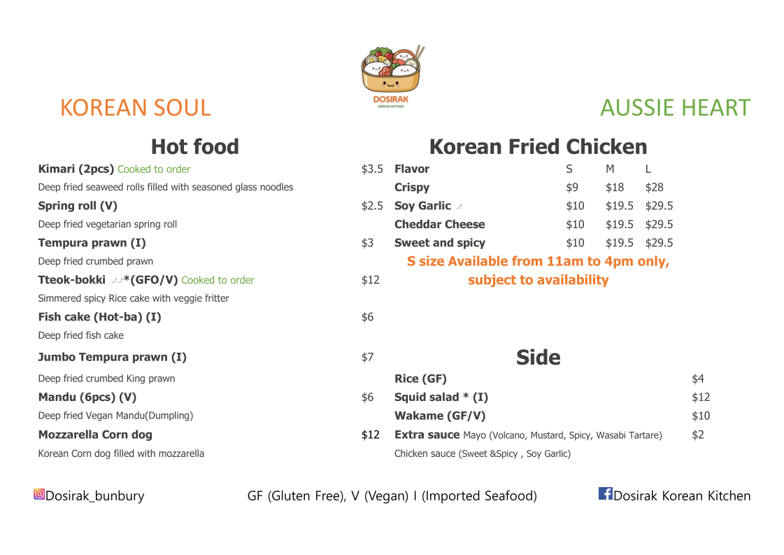 Menu, Dosirak Korean Kitchen