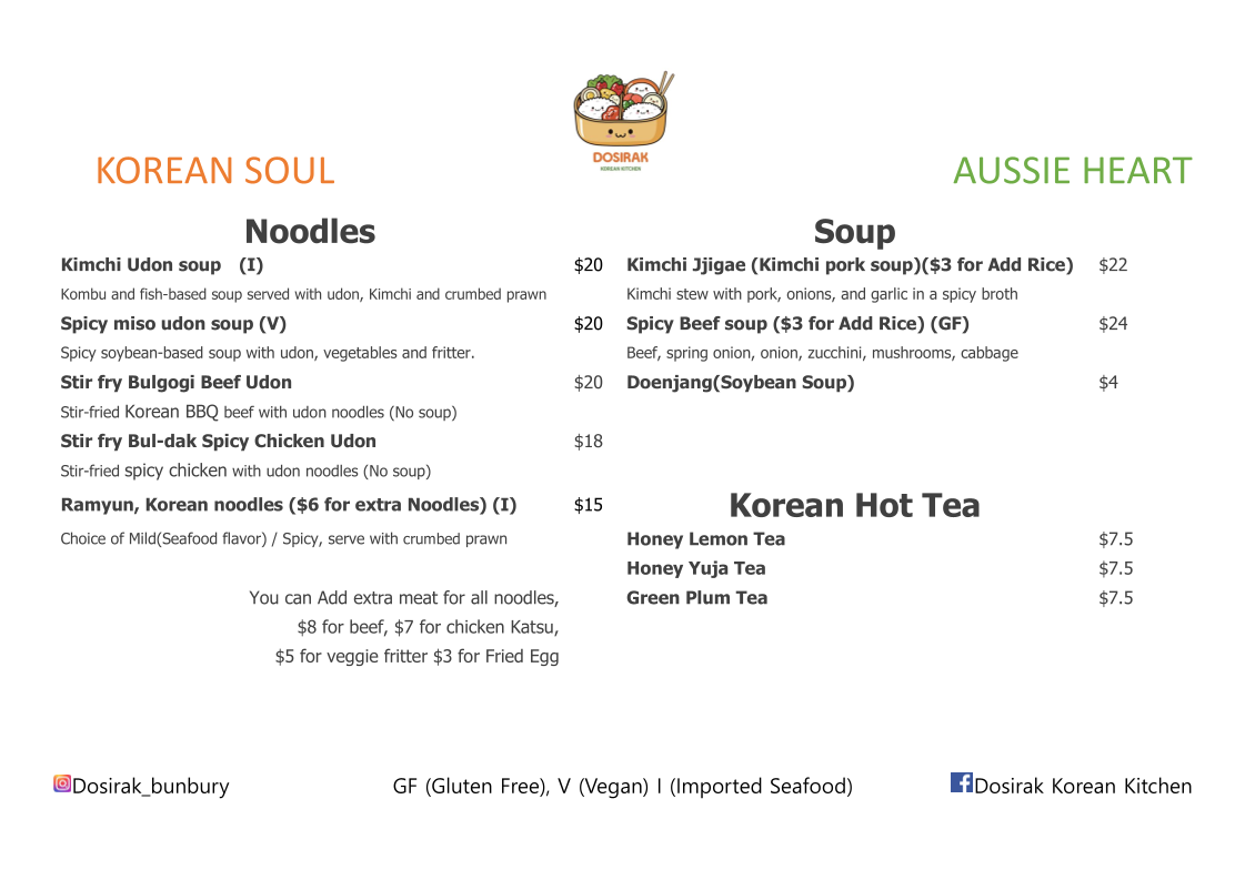 Menu, Dosirak Korean Kitchen