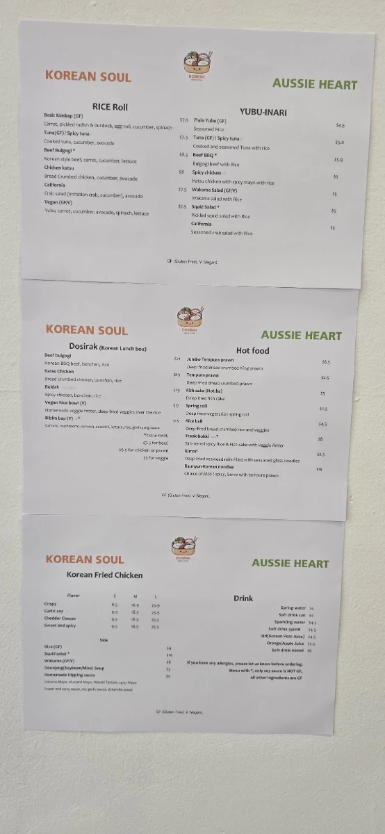 Menu, Dosirak Korean Kitchen