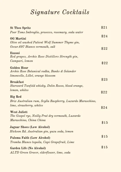 Menu, Teddy's Enmore