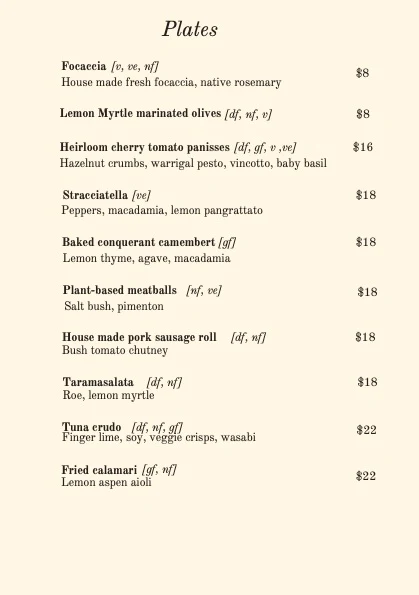Menu, Teddy's Enmore