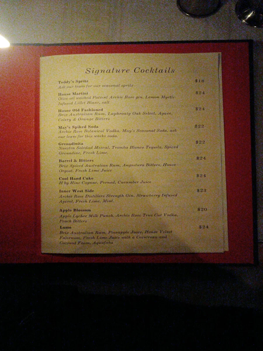 Menu, Teddy's Enmore
