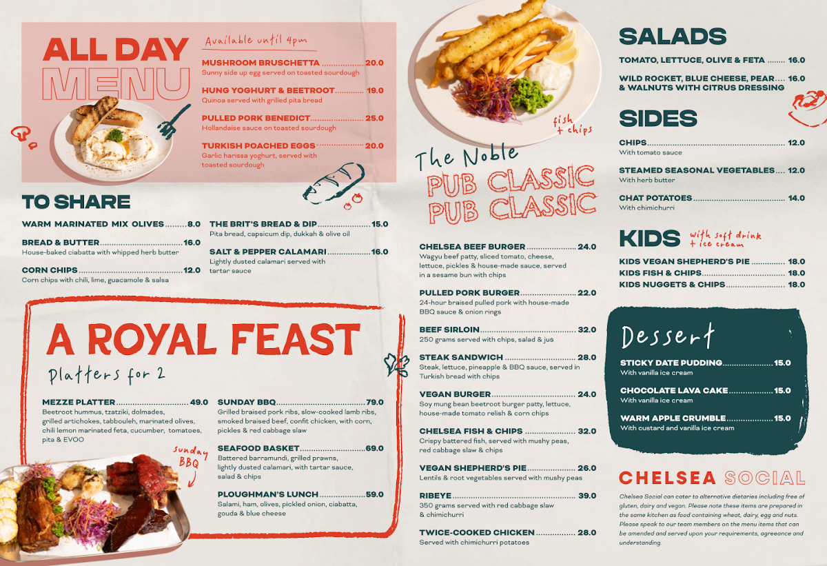 Menu, Chelsea Social Bar & Restaurant