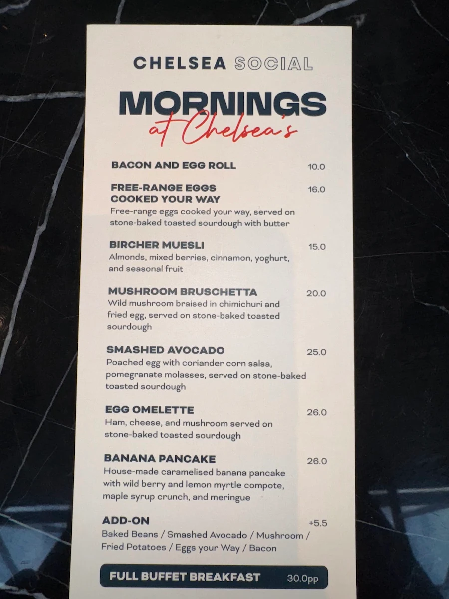 Menu, Chelsea Social Bar & Restaurant