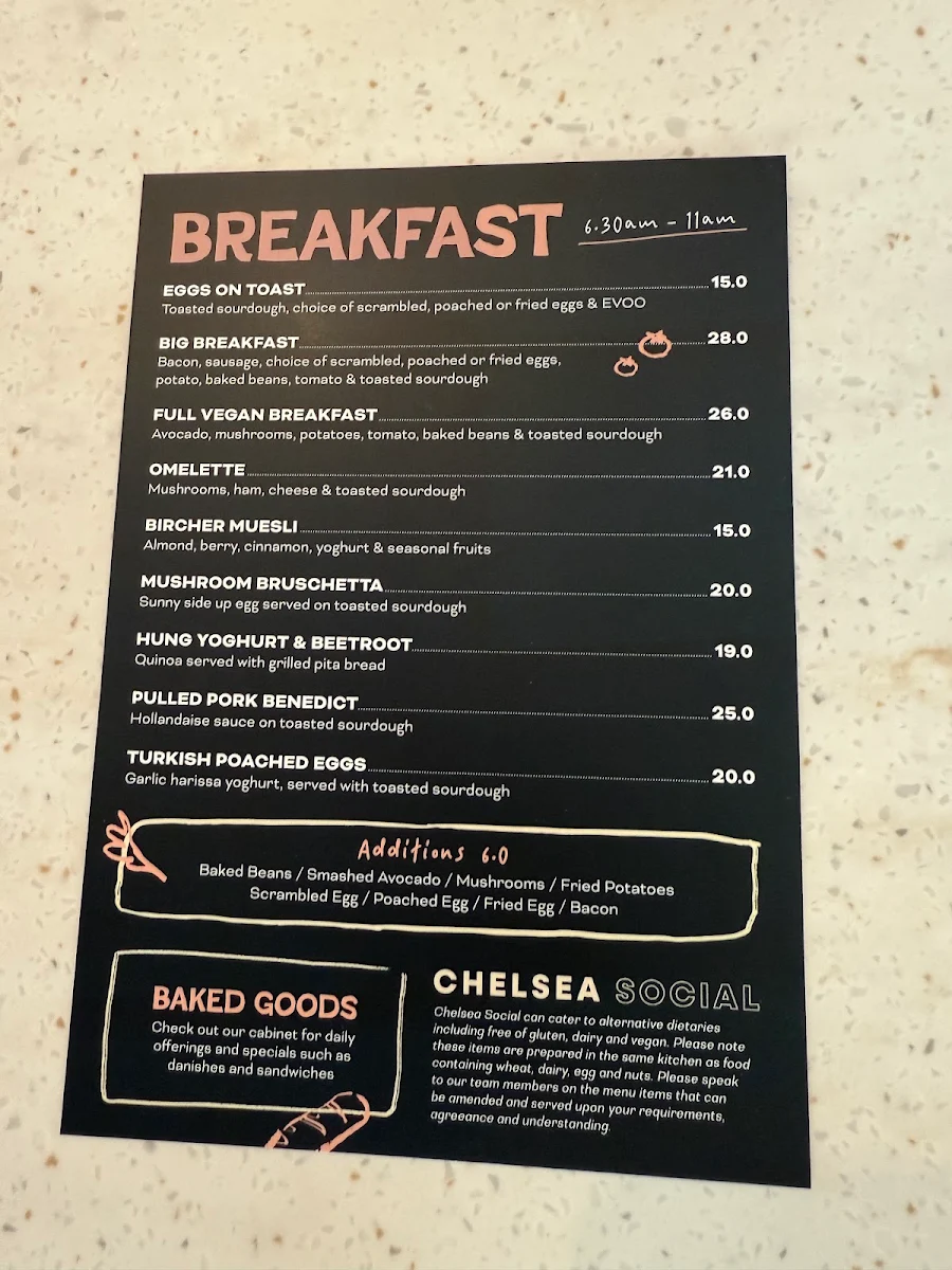 Menu, Chelsea Social Bar & Restaurant