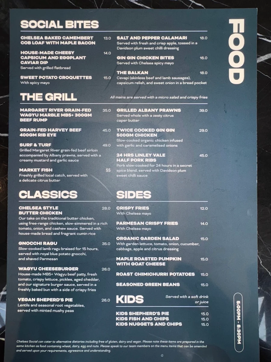 Menu, Chelsea Social Bar & Restaurant