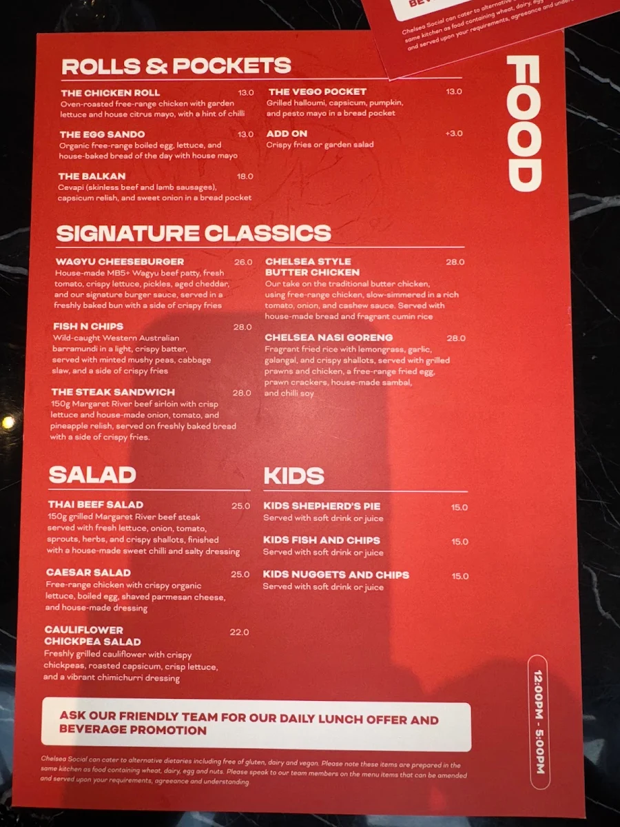 Menu, Chelsea Social Bar & Restaurant
