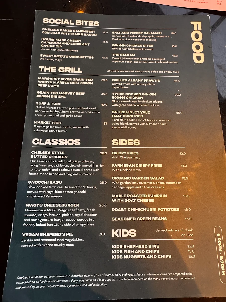 Menu, Chelsea Social Bar & Restaurant