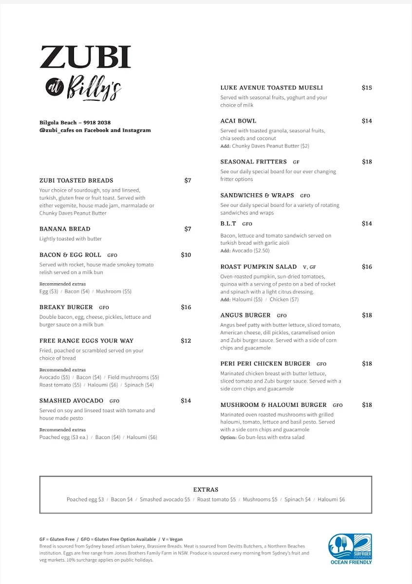 Menu, Zubi at Billy's