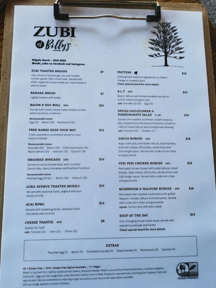 Menu, Zubi at Billy's
