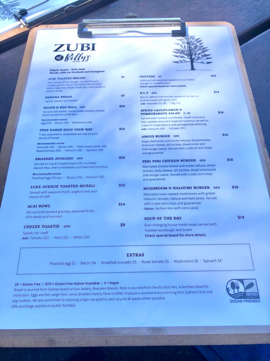 Menu, Zubi at Billy's