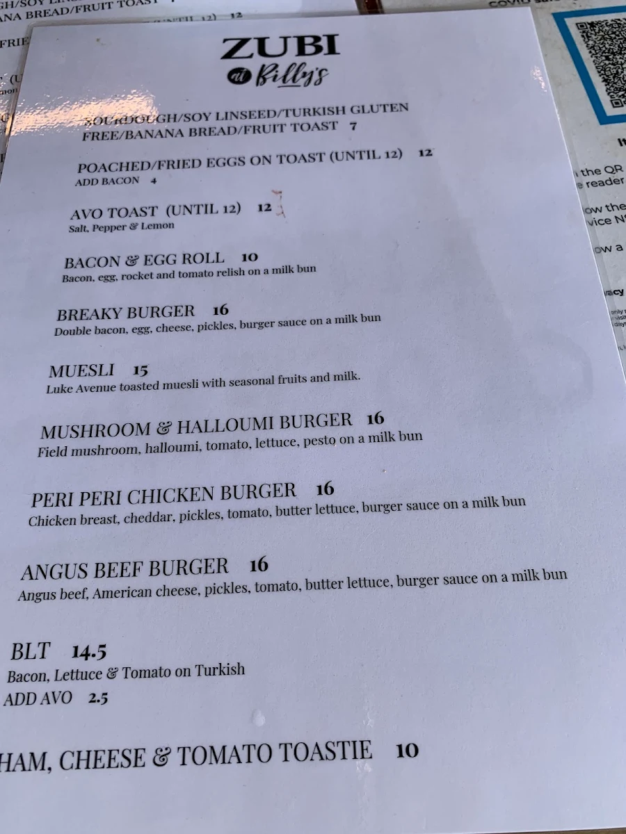 Menu, Zubi at Billy's