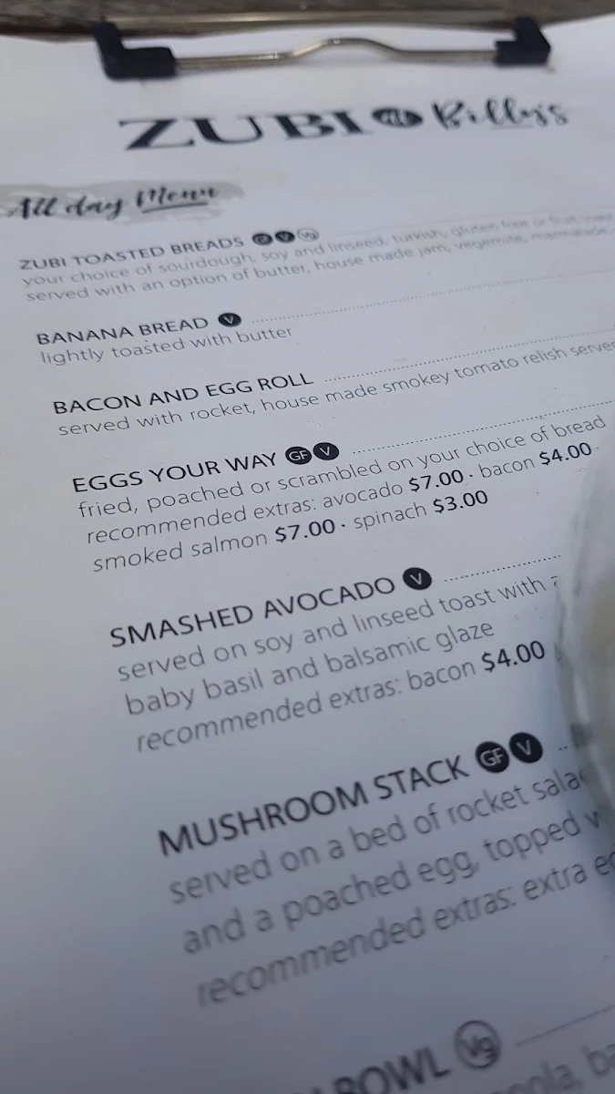 Menu, Zubi at Billy's