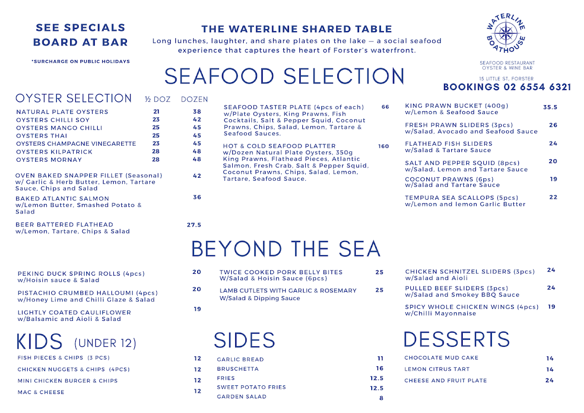 Menu, Waterline Boathouse Seafood Restaurant & Oyster Bar