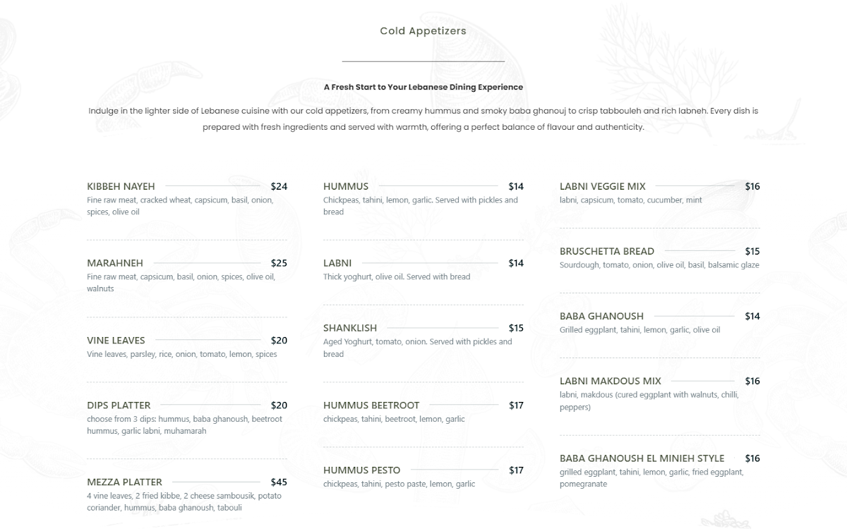 Menu, El Minieh Restaurant