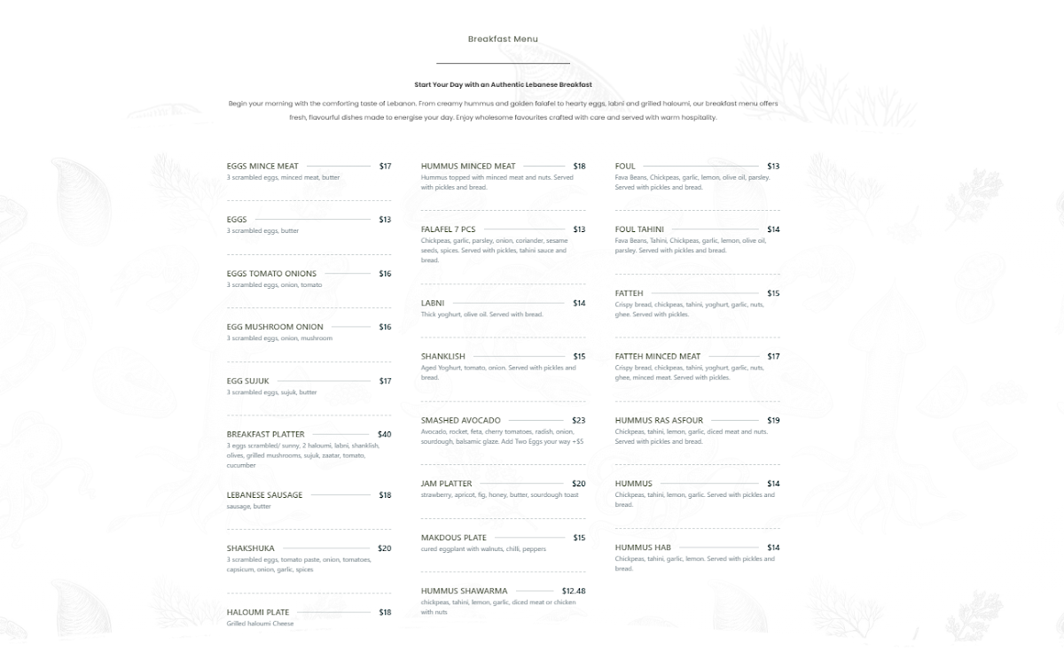 Menu, El Minieh Restaurant