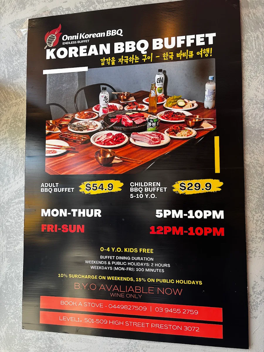 Menu, Onni Korean BBQ
