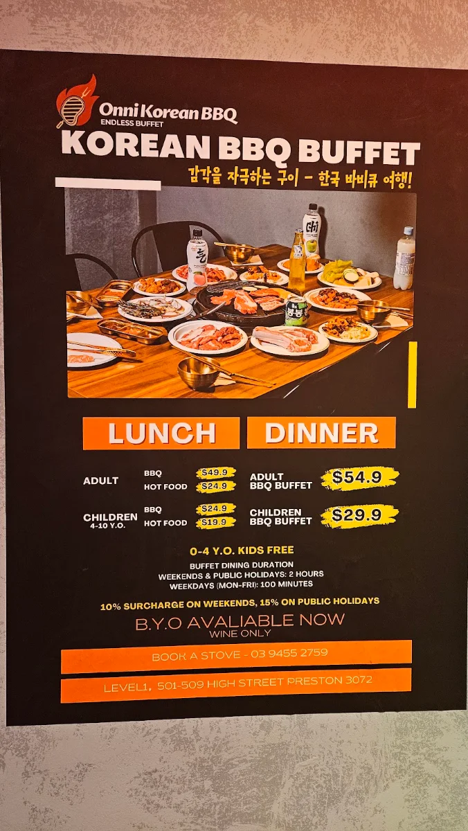 Menu, Onni Korean BBQ