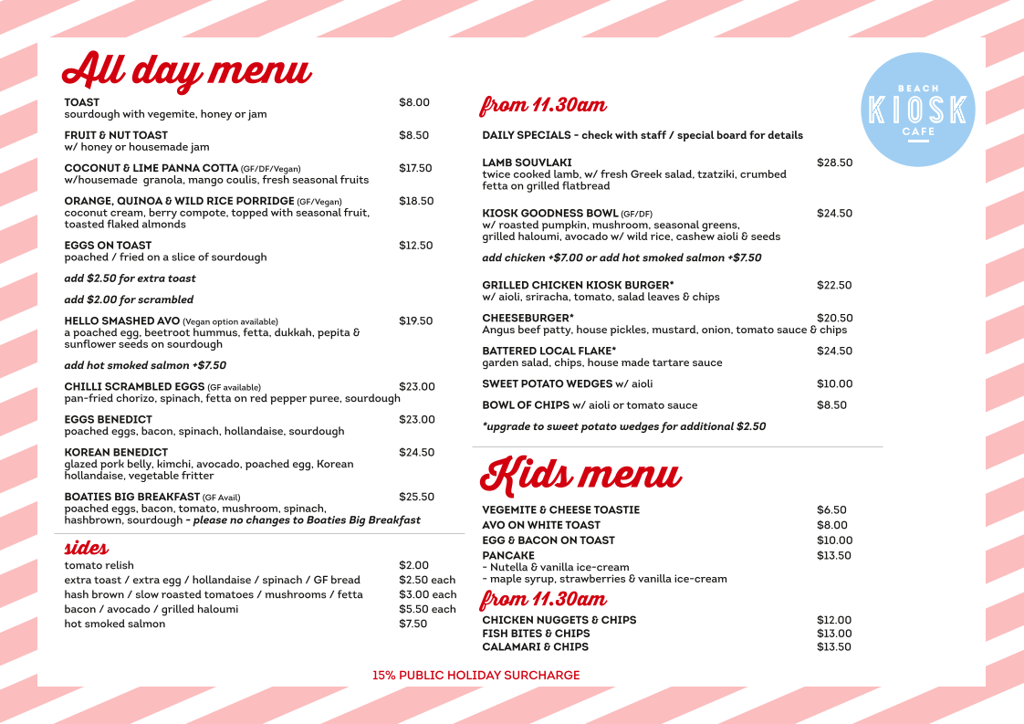 Menu, The Beach Kiosk Cafe