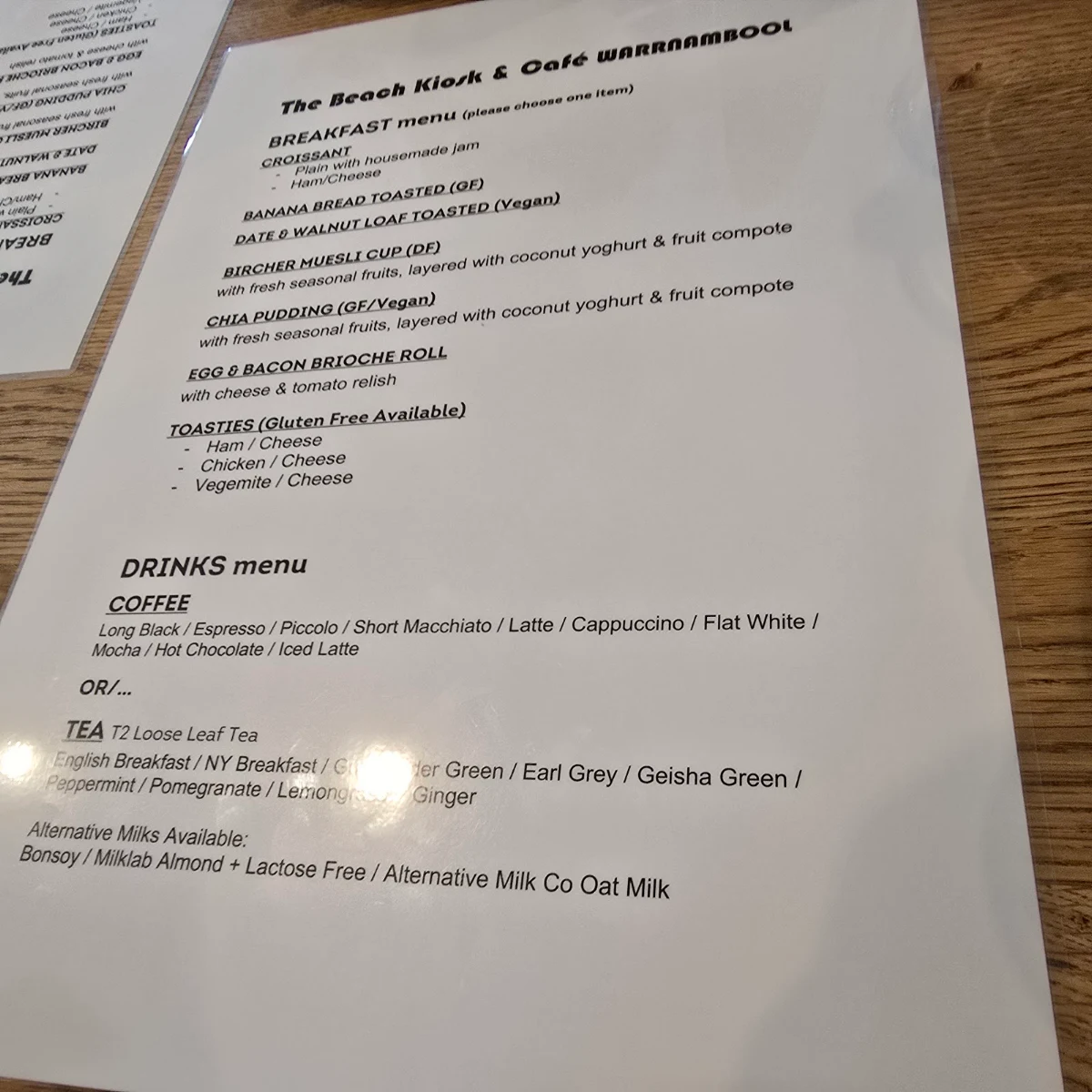 Menu, The Beach Kiosk Cafe