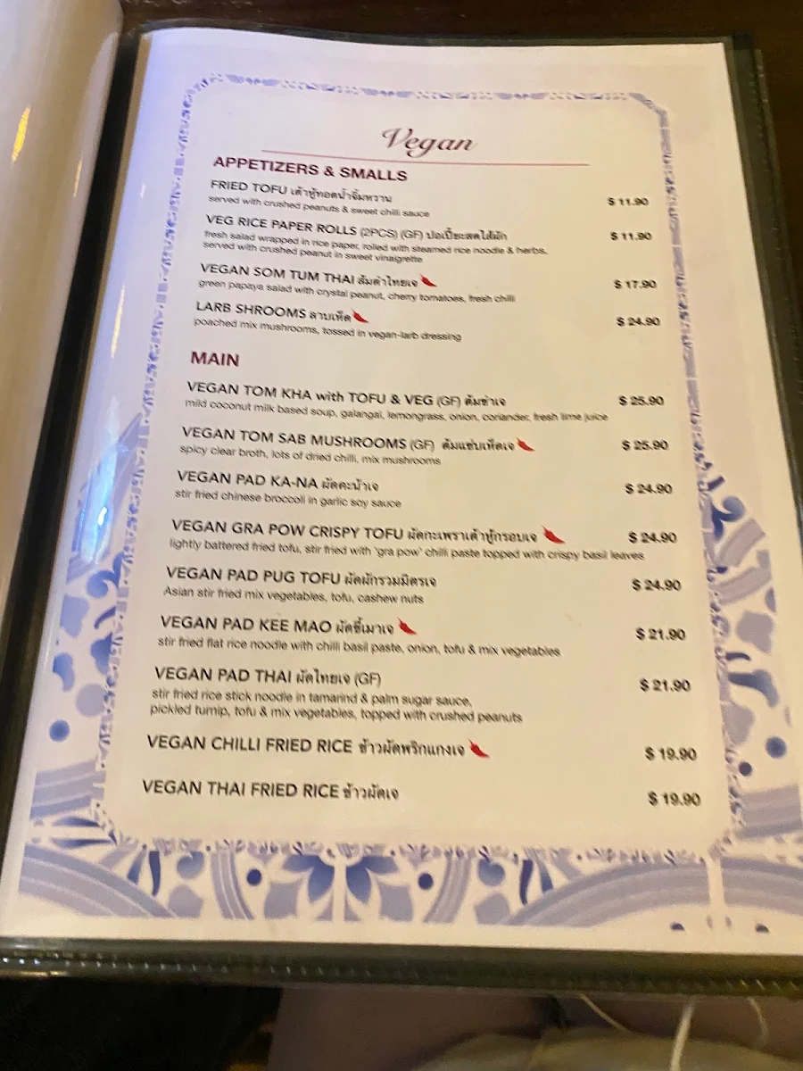 Menu, Jinda Thai Restaurant