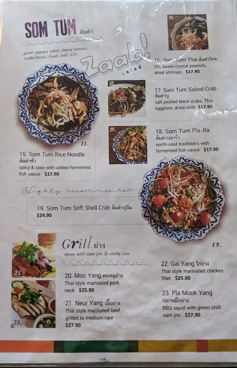 Menu, Jinda Thai Restaurant