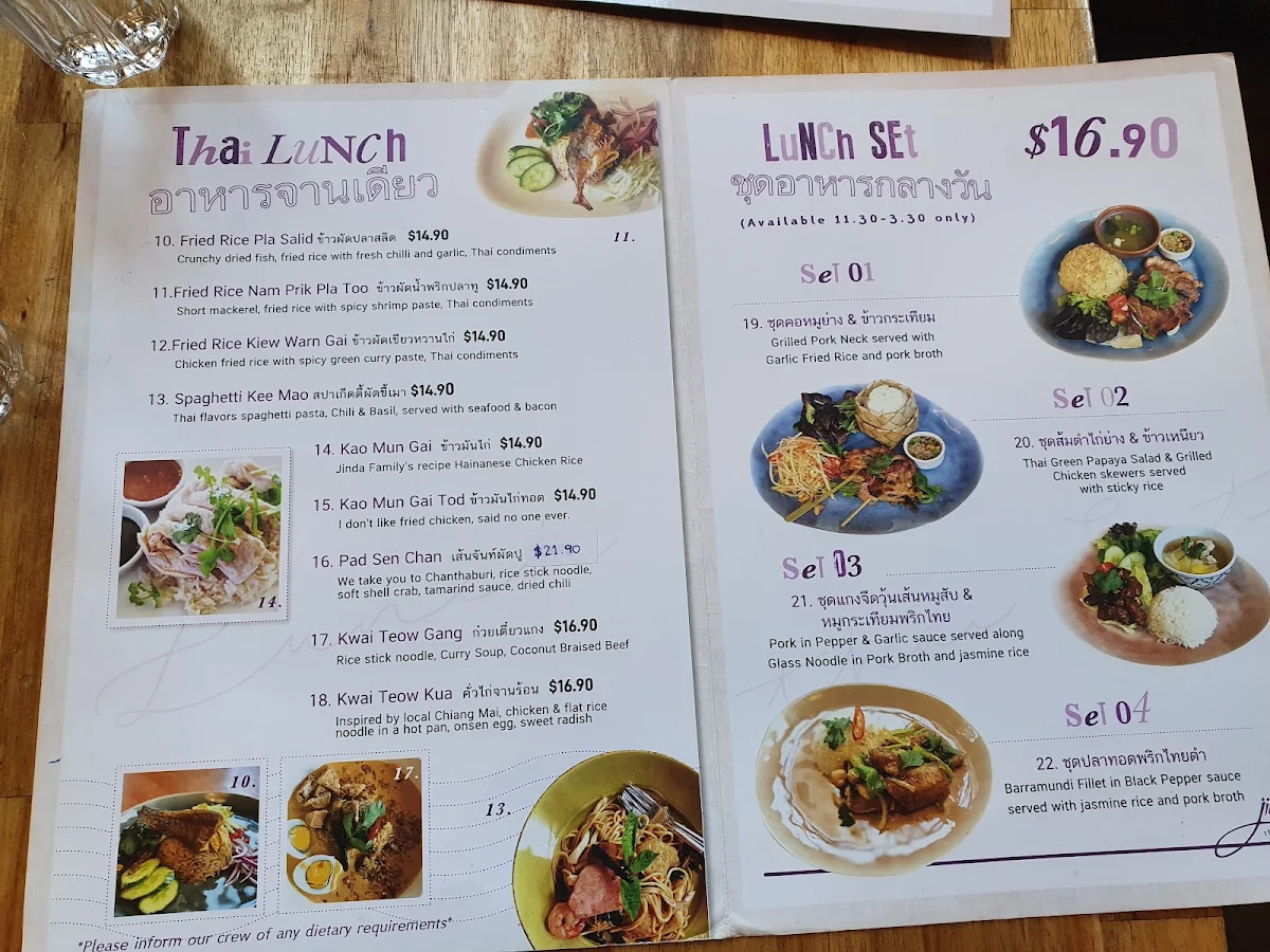 Menu, Jinda Thai Restaurant