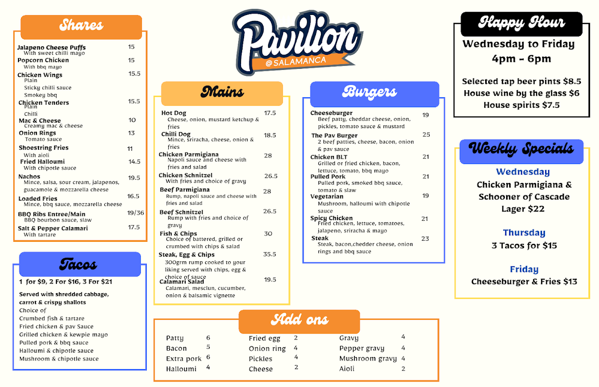 Menu, Pavilion @ Salamanca