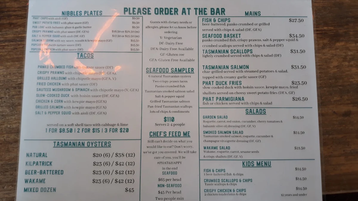 Menu, Pavilion @ Salamanca