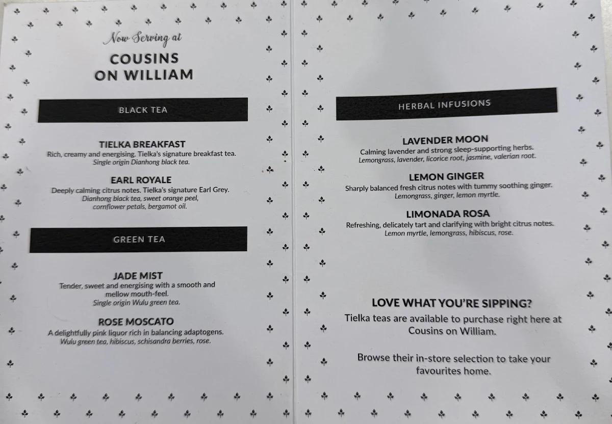 Menu, Cousins On William