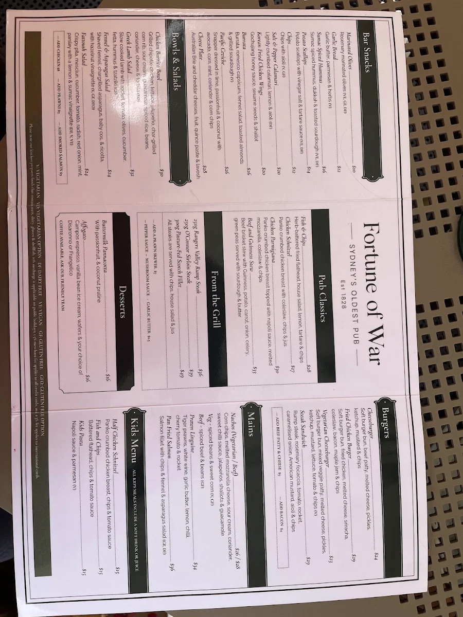 Menu, Fortune of War - Sydney's Oldest Pub