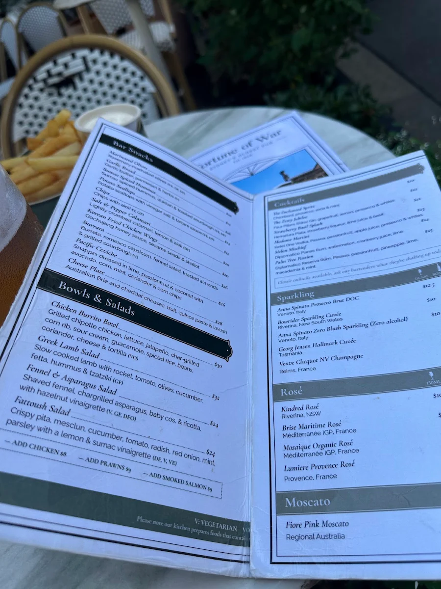 Menu, Fortune of War - Sydney's Oldest Pub