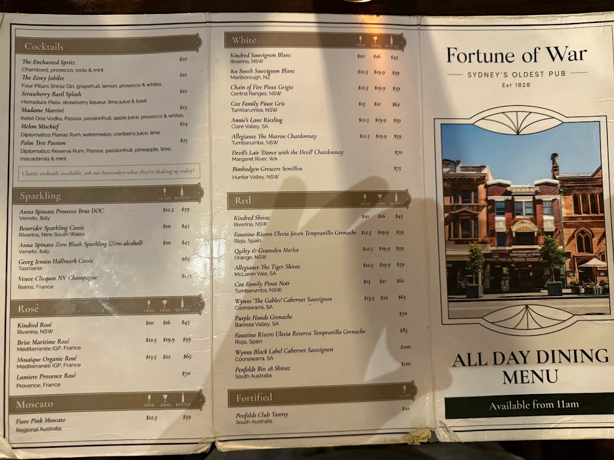 Menu, Fortune of War - Sydney's Oldest Pub