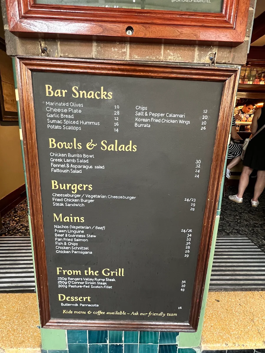 Menu, Fortune of War - Sydney's Oldest Pub