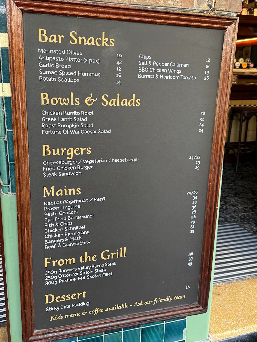 Menu, Fortune of War - Sydney's Oldest Pub