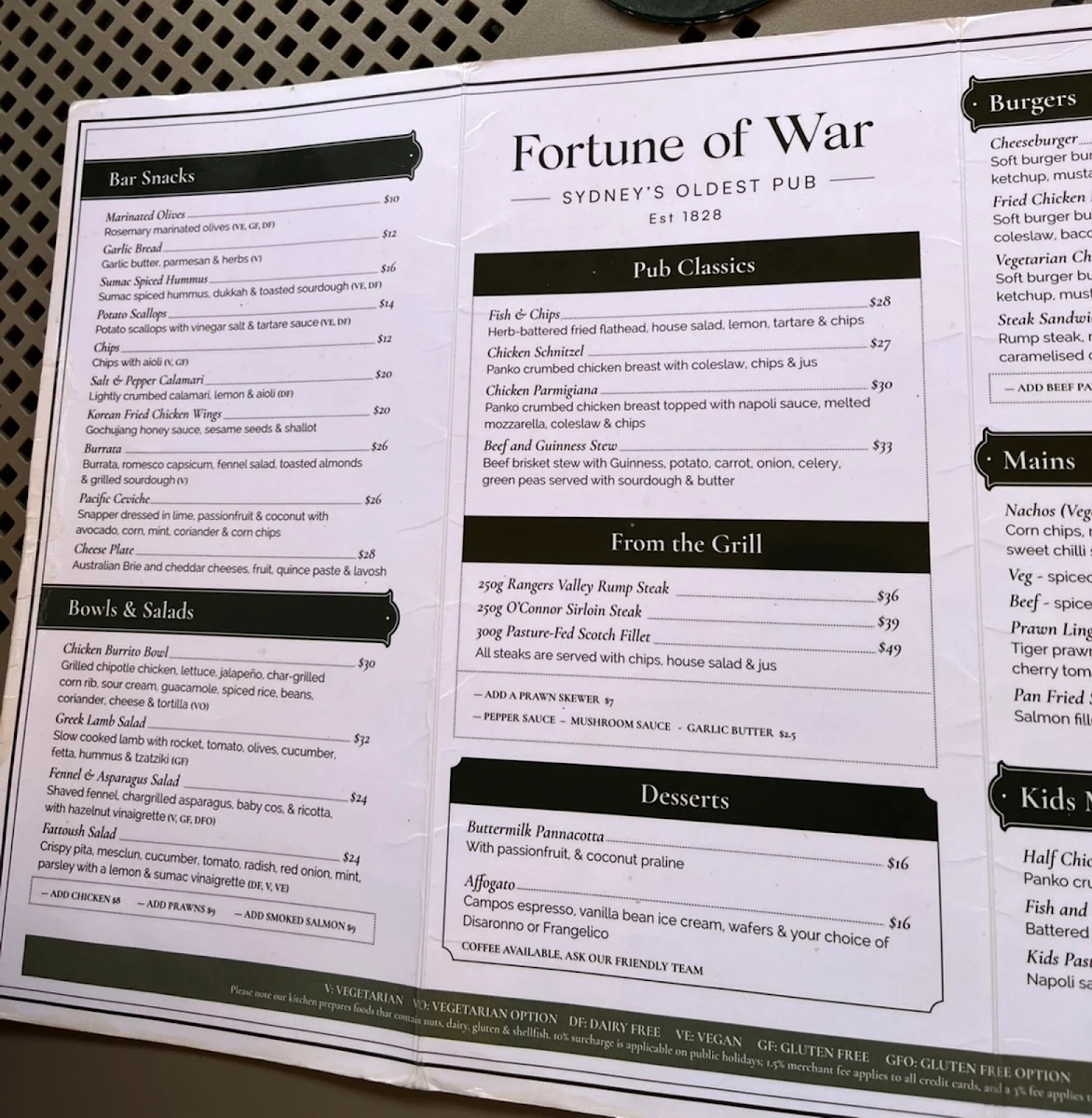 Menu, Fortune of War - Sydney's Oldest Pub