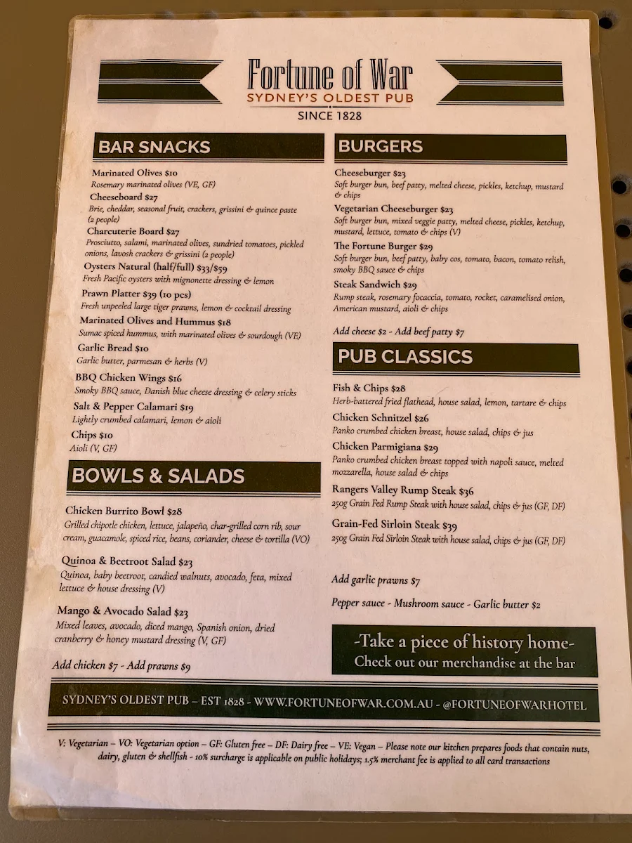 Menu, Fortune of War - Sydney's Oldest Pub