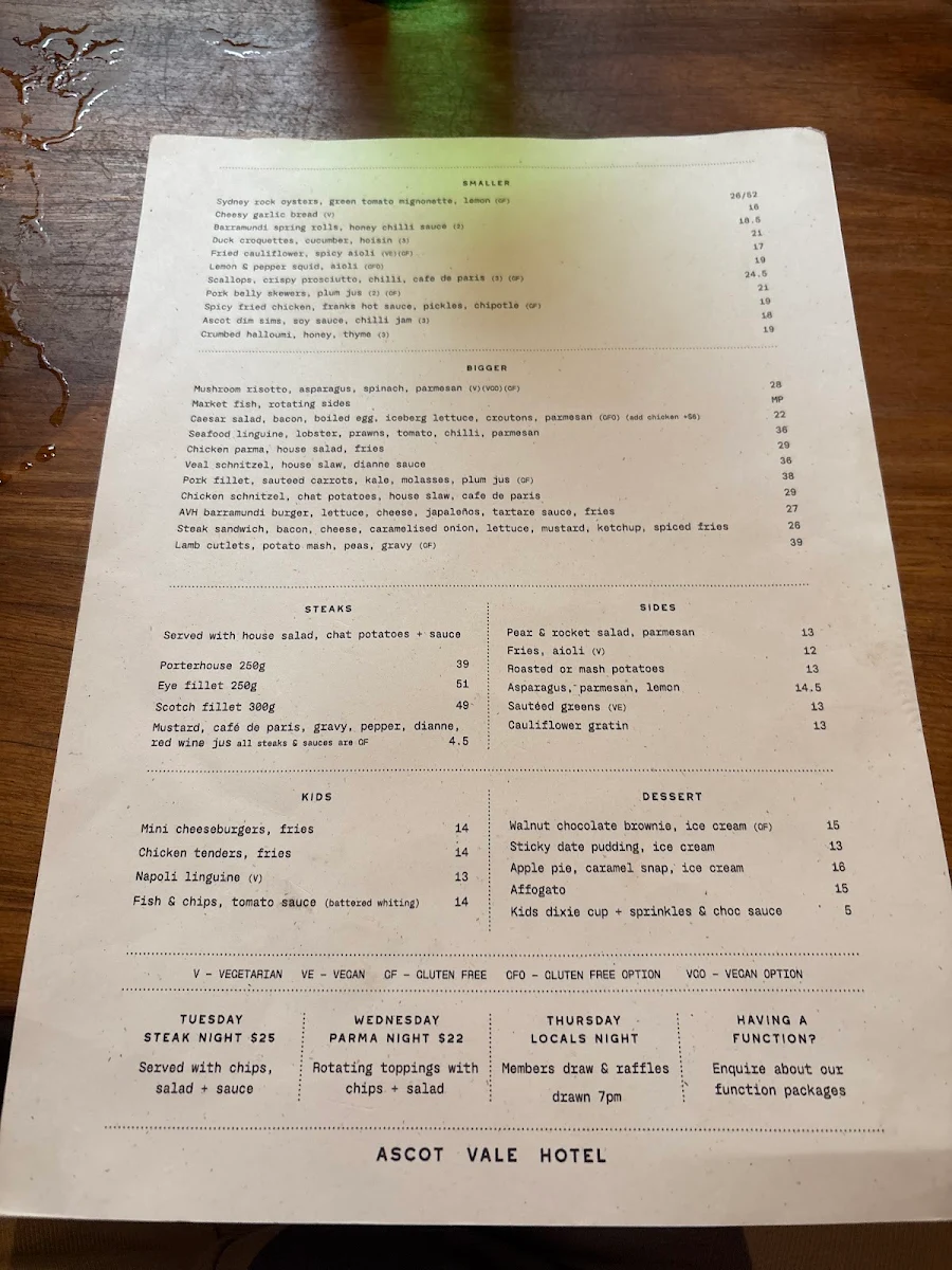 Menu, Ascot Vale Hotel