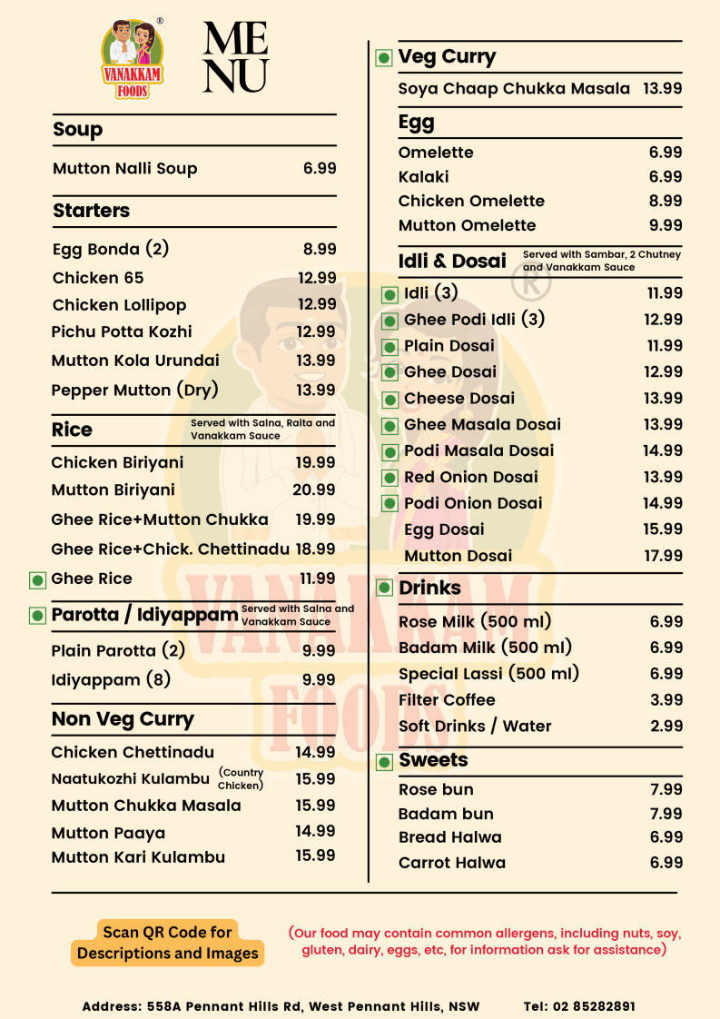 Menu, Vanakkam Foods