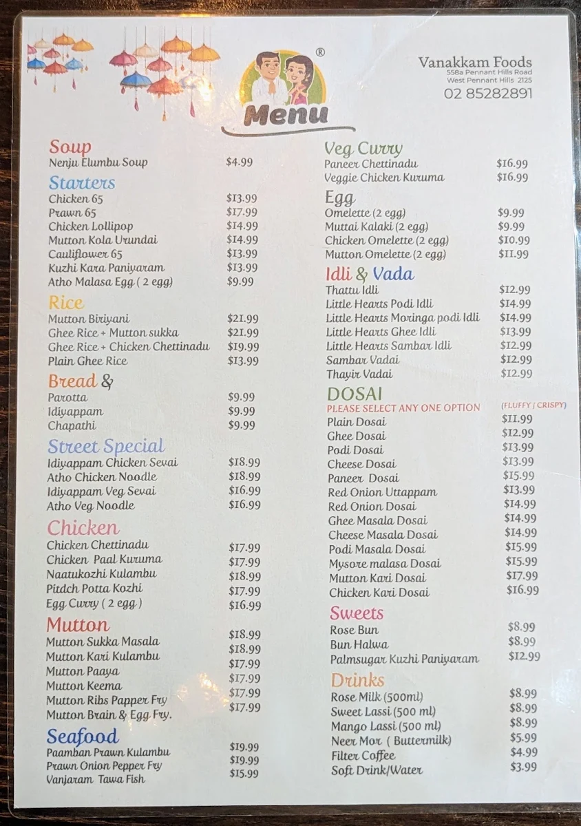 Menu, Vanakkam Foods